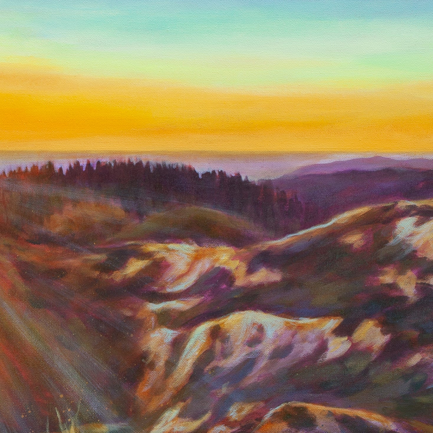 Close-up of distant hills and ocean under orange and soft blue sky with purple tones from Belonging, coastal California painting.