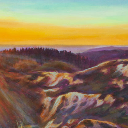 Close-up of distant hills and ocean under orange and soft blue sky with purple tones from Belonging, coastal California painting.