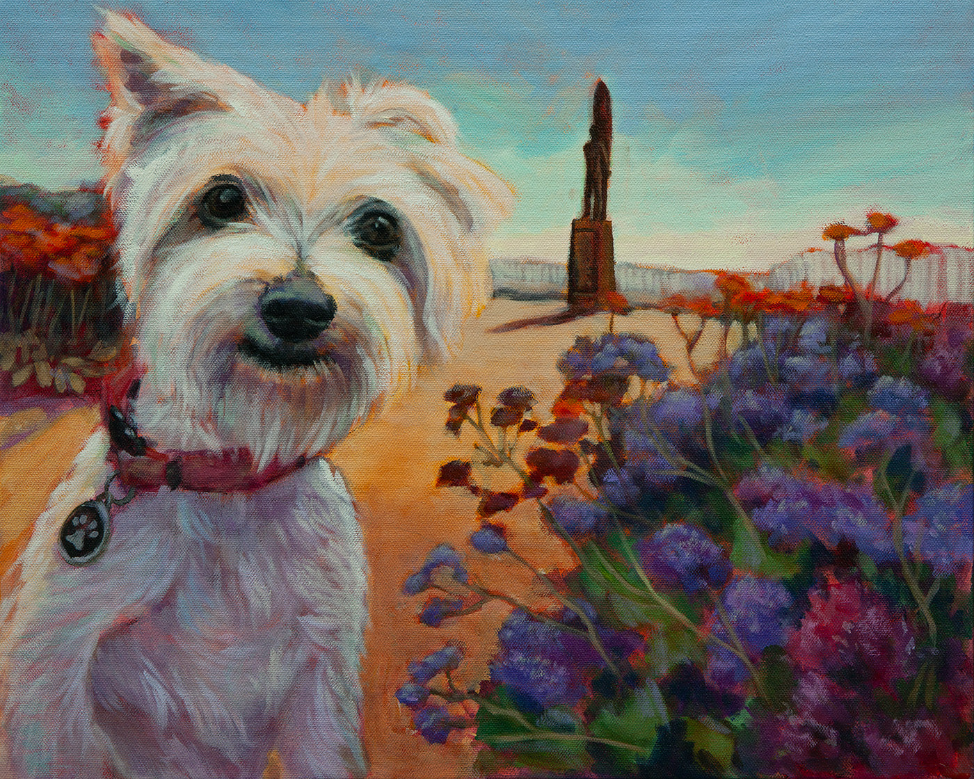 Original painting of a small white dog with purple and red flowers near the Surfer Statue on West Cliff Drive in Santa Cruz, under a blue-teal sky.