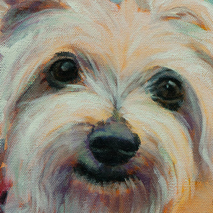 Close-up of the white dog’s smiling face with warm yellow-orange and soft blue-purple fur tones from Surfer’s Best Friend by Martina Goulart.