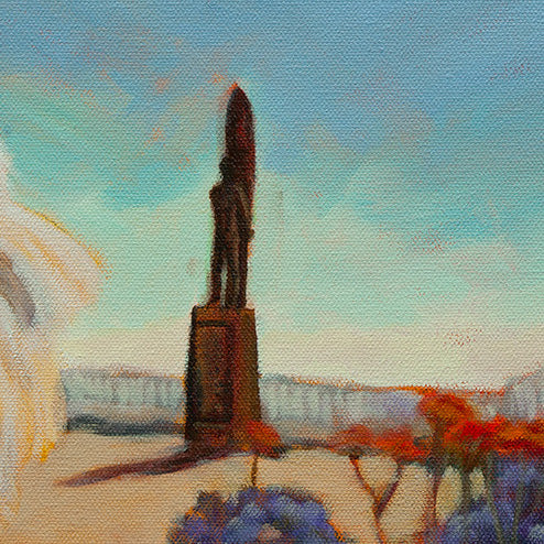 Detail of the Santa Cruz Surfer Statue with blue sky, tan ground, and red flower peaks in the foreground from Surfer’s Best Friend.