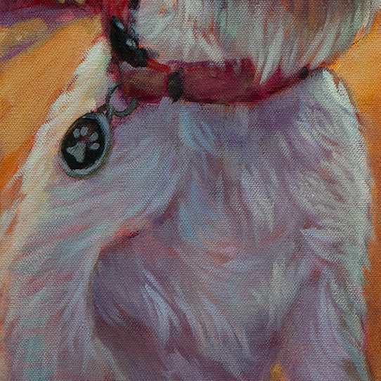 Detail of the dog’s chest fur in shadow with soft blues and purples showing textured brushstrokes from Surfer’s Best Friend.