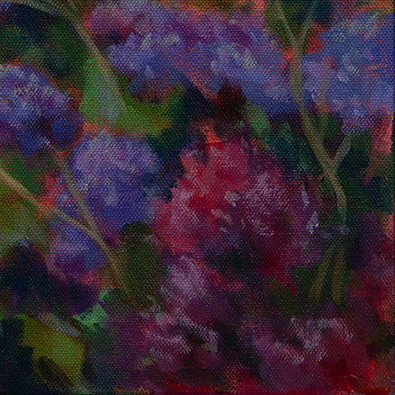 Detail of delicate purple flowers painted with fine brushstrokes from Surfer’s Best Friend, a West Cliff Drive Santa Cruz artwork