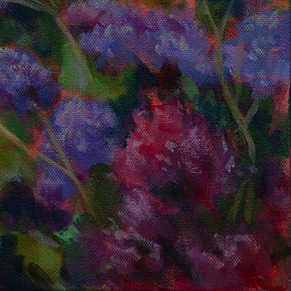 Detail of delicate purple flowers painted with fine brushstrokes from Surfer’s Best Friend, a West Cliff Drive Santa Cruz artwork