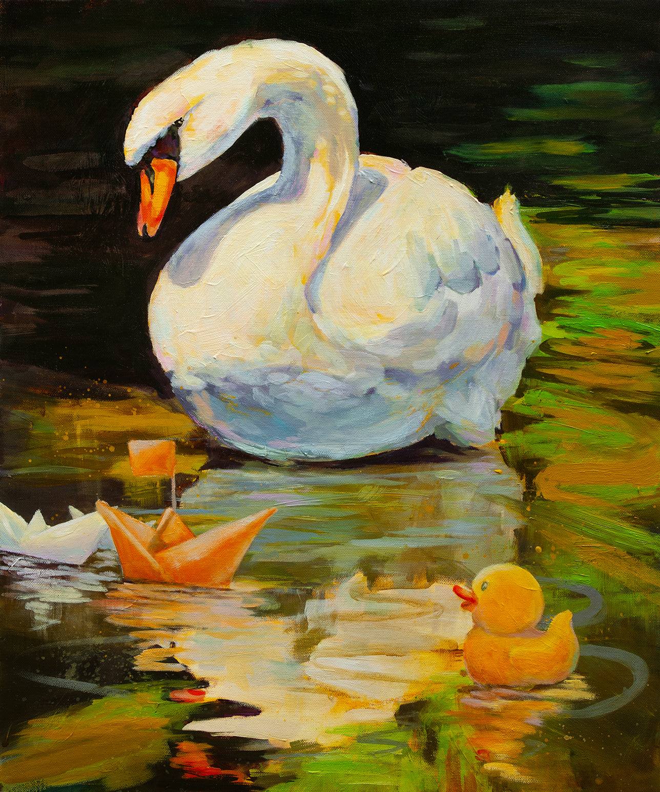 Original painting of a swan on calm water watching paper boats and a yellow duck, warm yellow-orange light with soft blue and purple reflections.
