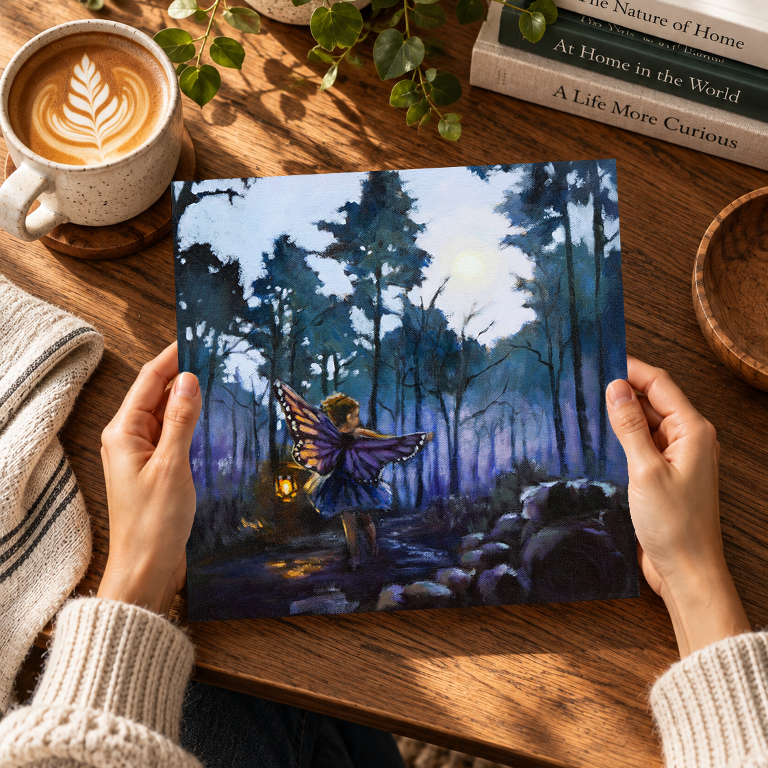 Lantern Keeper art print held over a wooden table, featuring a child with butterfly wings carrying a glowing lantern through a blue moonlit forest.