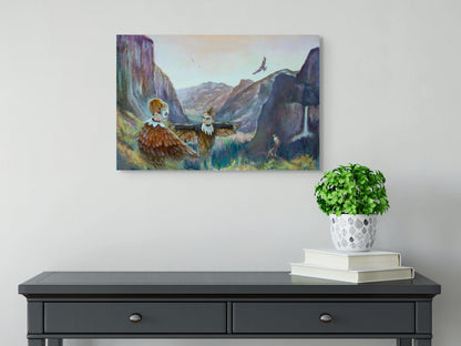 Painting The Ones Who Came to Fly hanging above gray side table with white books and modern white pot holding a green houseplant.