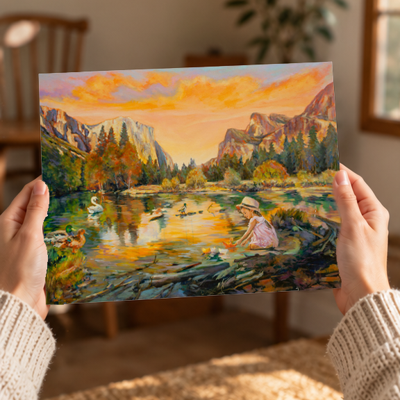 Hands holding a Yosemite Valley print of a girl playing with paper boats during yellow and orange sunset. 