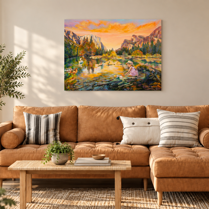 Painting The Peace of Play hanging above a brown couch with white pillows and lamp on side table in a cozy living room with warm, natural tones.