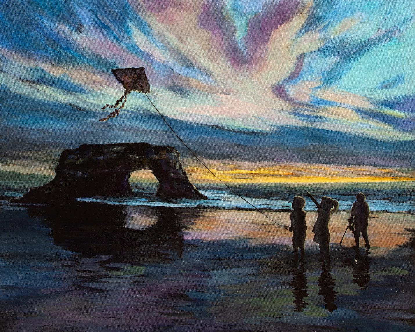 Original painting of Santa Cruz Natural Bridges beach at sunset with silhouettes flying a kite and photographer capturing the light by the ocean.