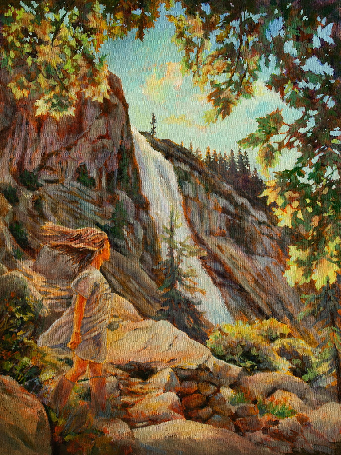 Original painting of a girl in tan dress walking near Nevada Fall in Yosemite with sunlit rocks, waterfall cliffs, and blue sky framed by green trees.