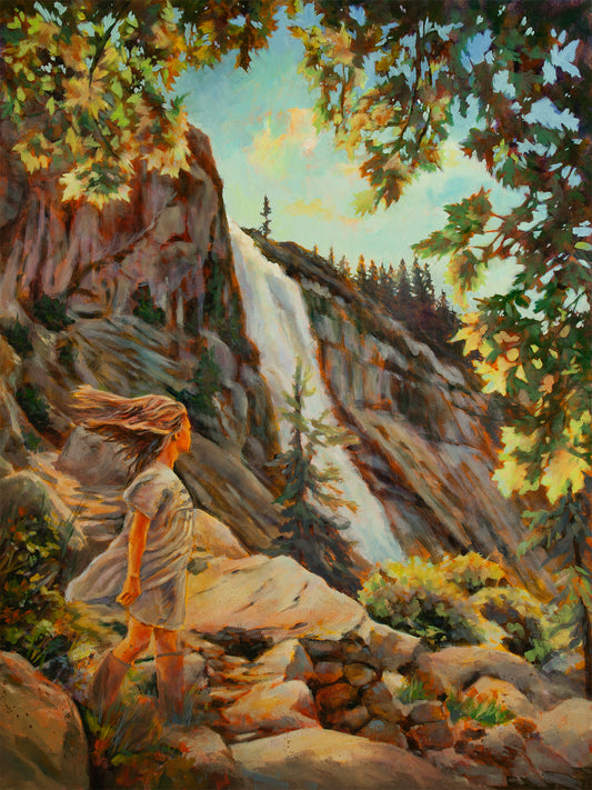 Original painting of a girl in tan dress walking near Nevada Fall in Yosemite with sunlit rocks, waterfall cliffs, and blue sky framed by green trees.