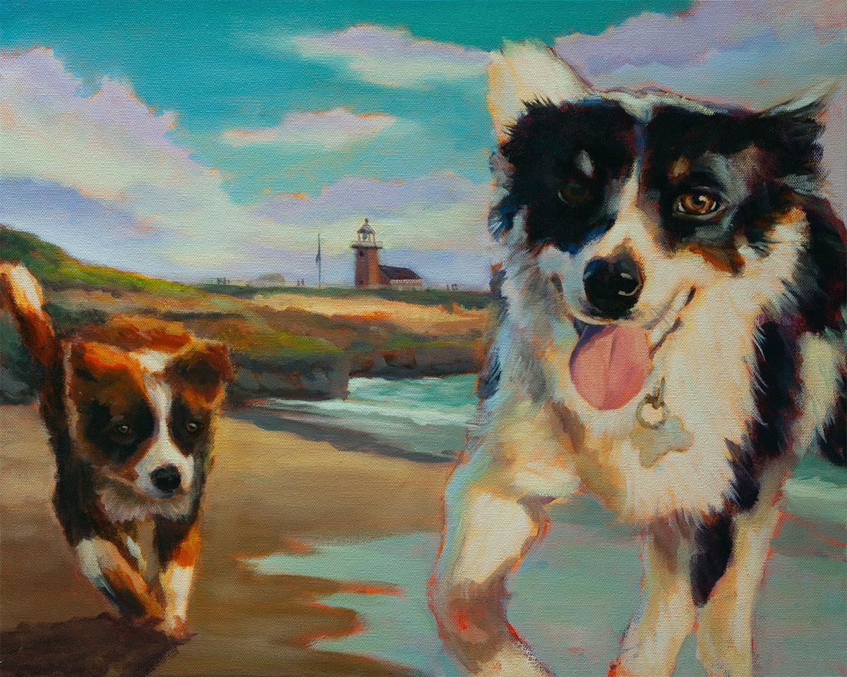 Original painting of two dogs running on the beach near the West Cliff Drive lighthouse in Santa Cruz, in blue, purple, and natural brown tones.