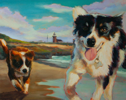 Original painting of two dogs running on the beach near the West Cliff Drive lighthouse in Santa Cruz, in blue, purple, and natural brown tones.