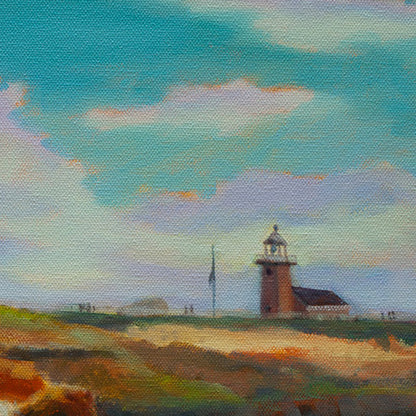 Close-up of the West Cliff Drive lighthouse and blue sky with clouds from the Santa Cruz coastal dog painting by Martina Goulart.