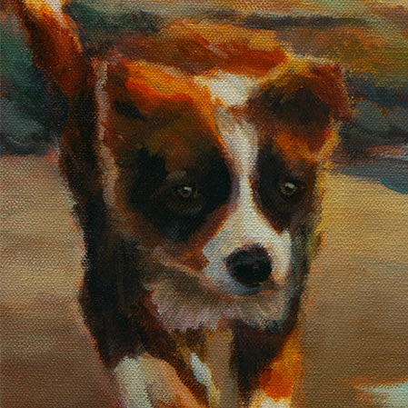 Detail of an orange-brown dog running in sunlight from the Santa Cruz coastal painting Freedom at Its Beach by Martina Goulart.
