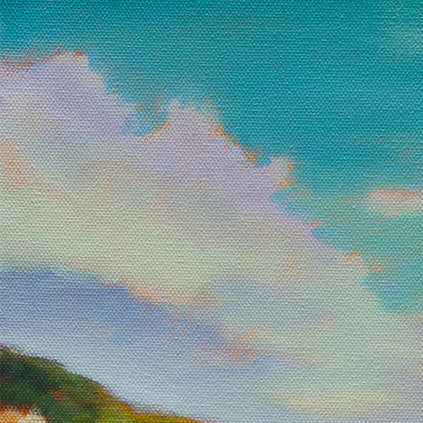 Close-up of clouds in teal, purple, and white tones from the Santa Cruz beach dog painting Freedom at Its Beach.