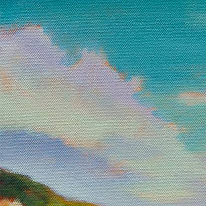 Close-up of clouds in teal, purple, and white tones from the Santa Cruz beach dog painting Freedom at Its Beach.
