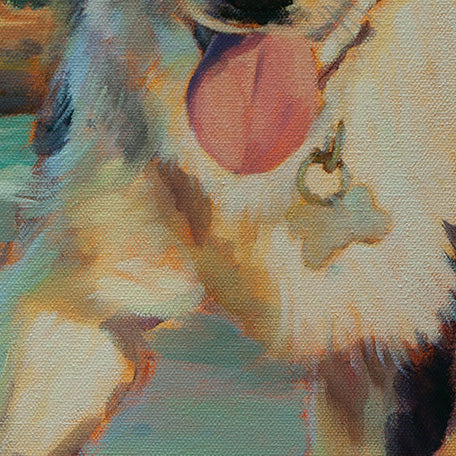 Close-up of the black and white dog’s legs, tongue, and collar tag glowing yellow in sunlight from the Santa Cruz coastal painting