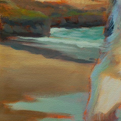 Detail of tan and warm brown beach tones with cliffs and ocean in the background from the Santa Cruz coastal dog painting.