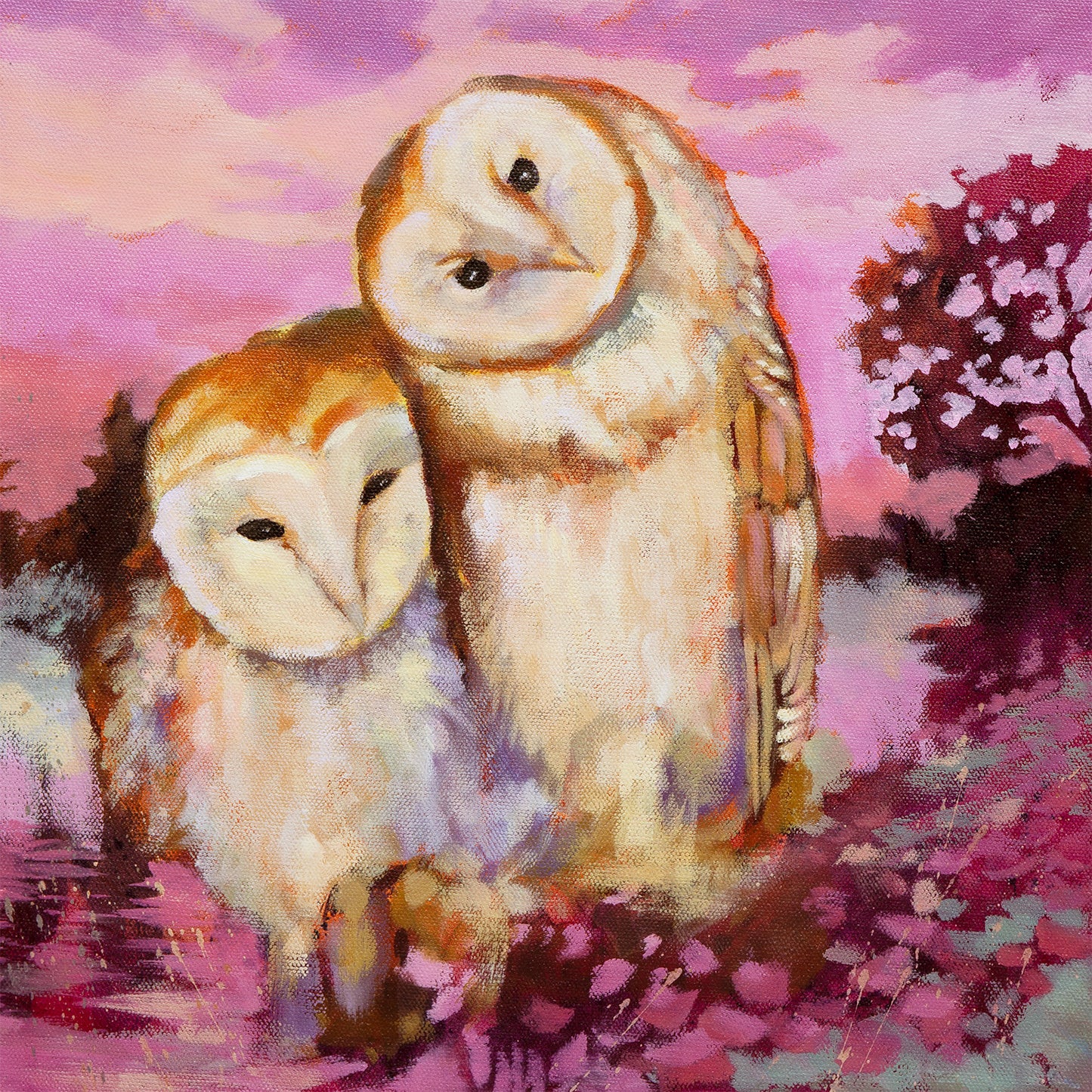 two owls leaning close together in soft light, Santa Cruz Mountains wildlife, oil painting