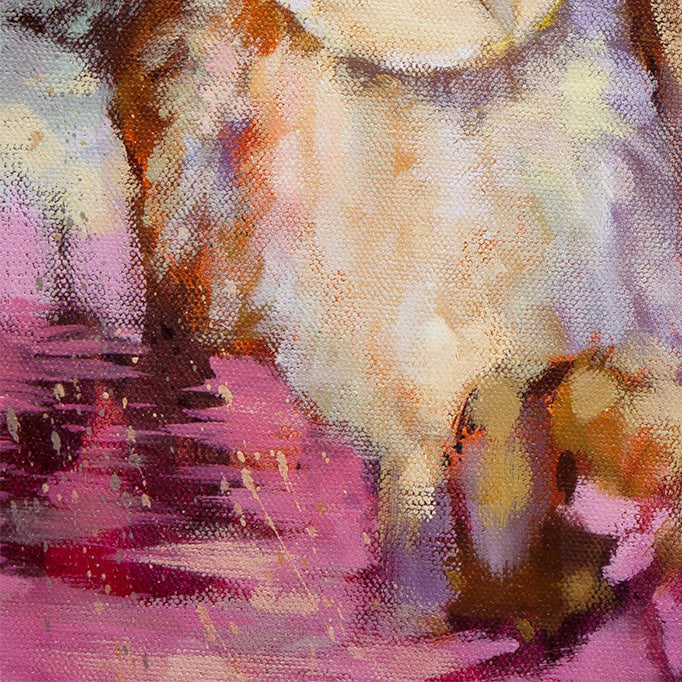 Close-up of two barn owls standing together, soft feathers and warm pink ground with painterly brushstrokes