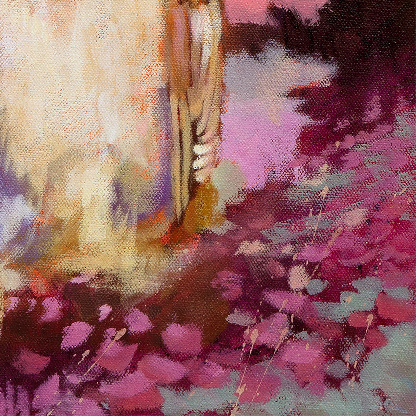 Barn owl wing detail with layered feathers, surrounded by pink and magenta abstract landscape textures