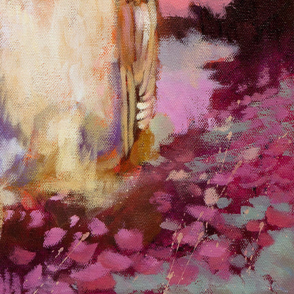 Barn owl wing detail with layered feathers, surrounded by pink and magenta abstract landscape textures