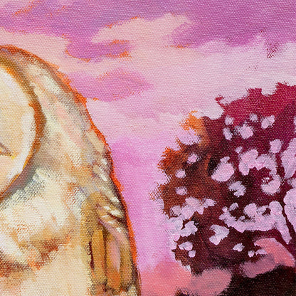 Soft pink sky and tree silhouette behind barn owl, warm sunset tones with textured oil paint surface