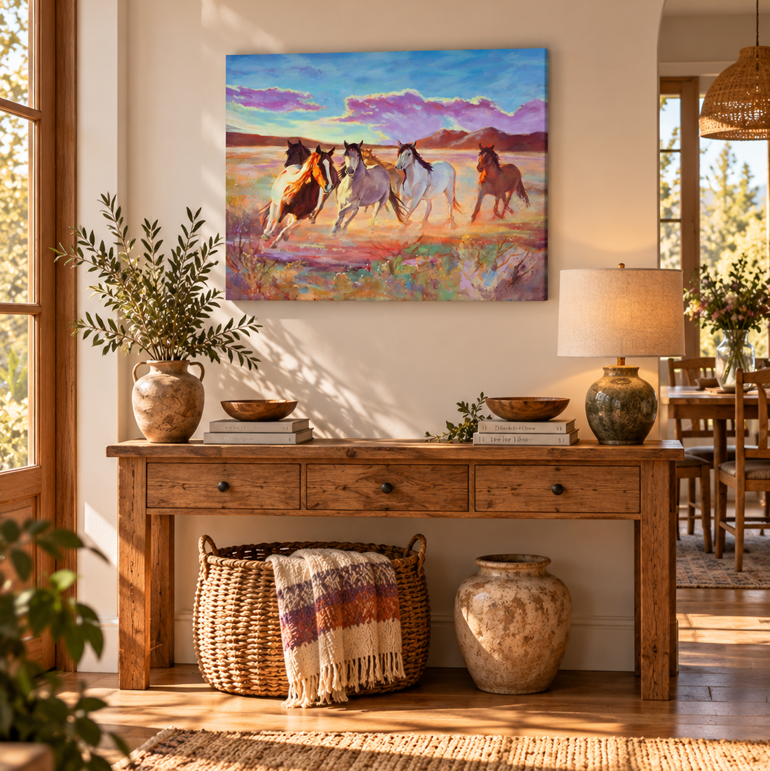 Colorful horse art print in a warm, nature-inspired entryway with rustic wood furniture, woven textures, greenery, and earthy purple and terracotta accents.