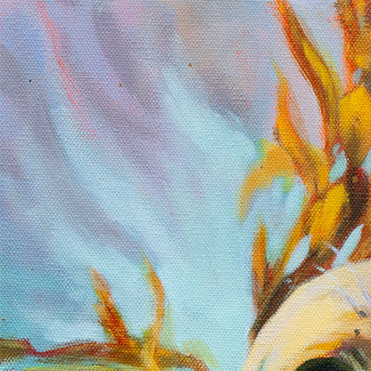 Close-up of soft blue and lavender underwater light with golden kelp leaves from the painting “Wild in the Weeds.”