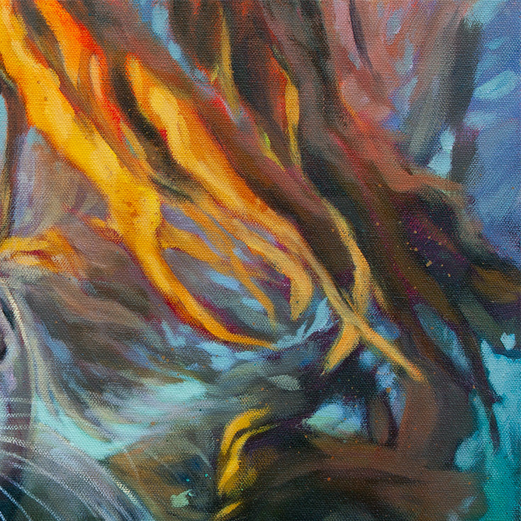 Close-up of flowing golden and orange kelp strands underwater against deep teal and blue tones, from the painting “Wild in the Weeds.”