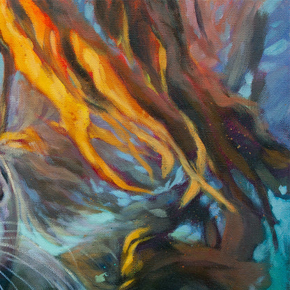 Close-up of flowing golden and orange kelp strands underwater against deep teal and blue tones, from the painting “Wild in the Weeds.”