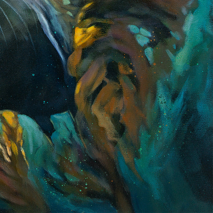 Close-up of darker underwater kelp with rich greens, blues, and warm amber highlights, from the painting “Wild in the Weeds.”