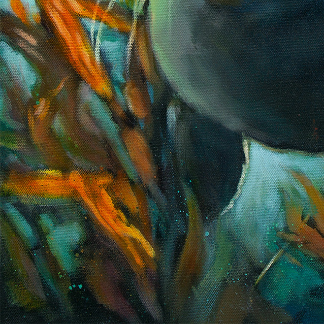 Close-up of the seal’s body moving through teal and orange kelp leaves with textured underwater light, from the painting “Wild in the Weeds.”