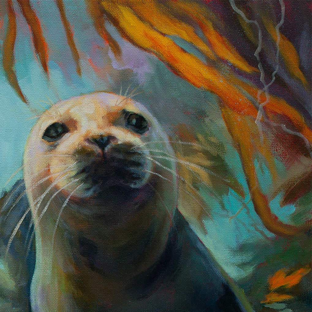 Close-up of a young seal looking upward, surrounded by warm orange kelp and glowing teal underwater light, from the painting “Curious by Nature.”