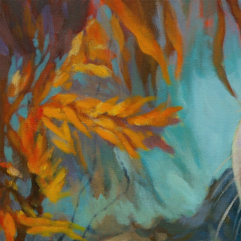 Close-up of golden and orange kelp leaves drifting in soft turquoise underwater light, from the painting “Curious by Nature.”