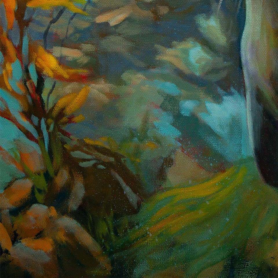 Close-up of the darker kelp forest with blended teal, green, and warm amber tones beneath the seal, from the painting “Curious by Nature.”