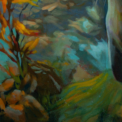 Close-up of the darker kelp forest with blended teal, green, and warm amber tones beneath the seal, from the painting “Curious by Nature.”
