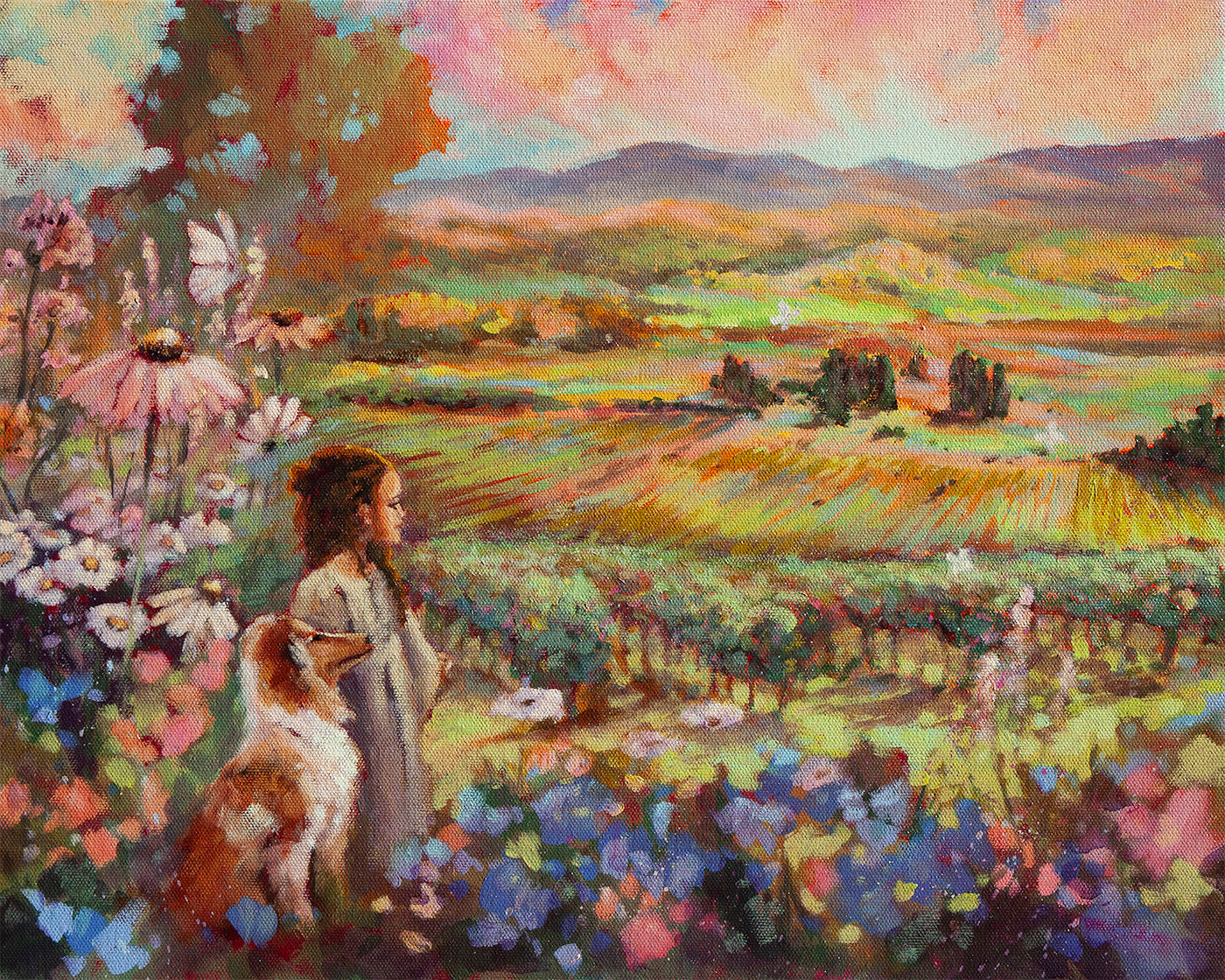 Original oil painting of a young girl and her dog overlooking a colorful vineyard landscape, surrounded by flowers with rolling hills and soft glowing sky in the distance.