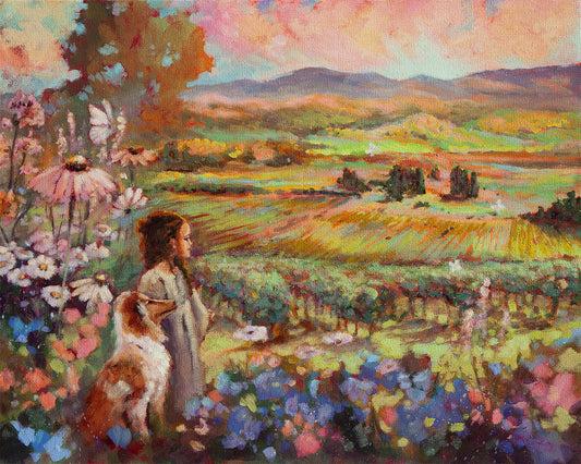 Original oil painting of a young girl and her dog overlooking a colorful vineyard landscape, surrounded by flowers with rolling hills and soft glowing sky in the distance.