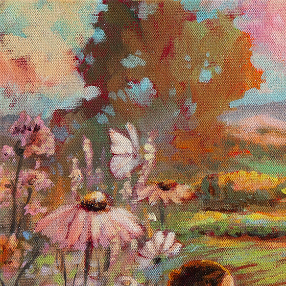 Close-up of soft pastel flowers and a sunlit tree against a colorful sky, impressionistic brushwork in an original oil painting.