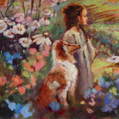 Close-up of a young girl with a dog in a vibrant garden, looking out over a landscape in a story-driven oil painting.