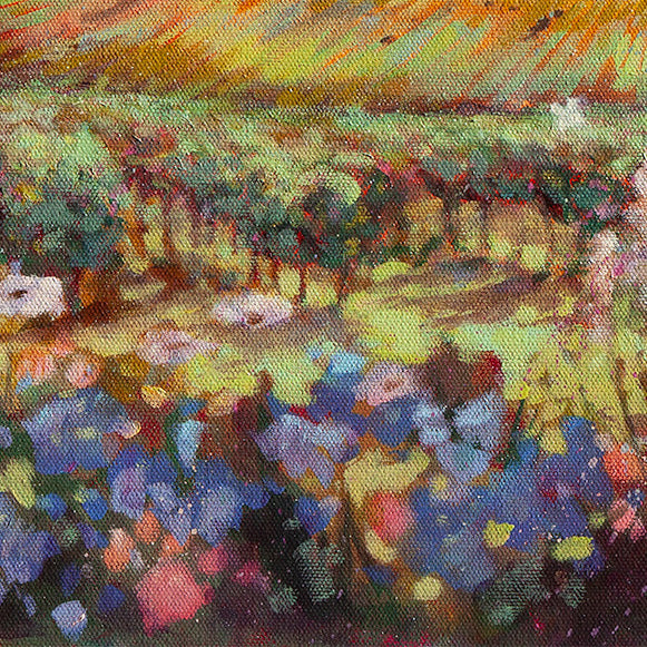 Close-up of colorful garden flowers with layered brushstrokes and rich texture in an impressionistic oil painting.