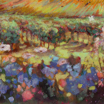 Close-up of colorful garden flowers with layered brushstrokes and rich texture in an impressionistic oil painting.