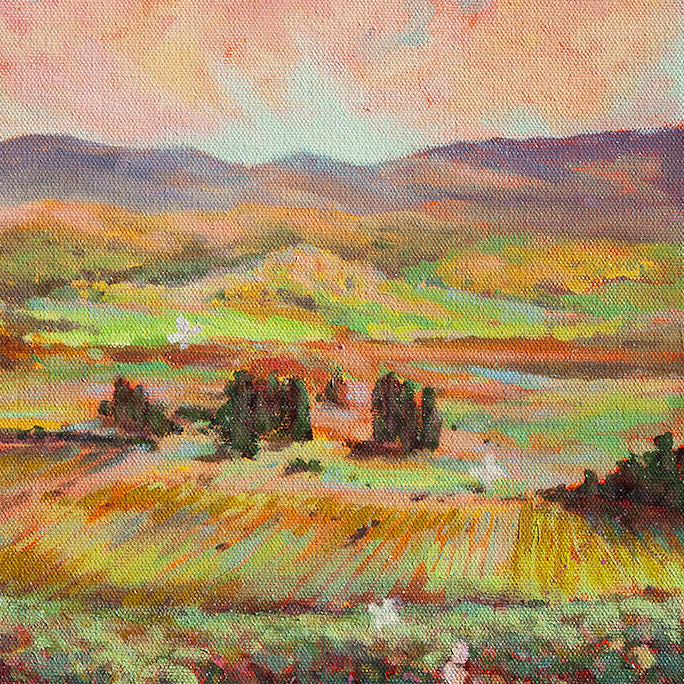 Close-up of rolling fields and distant hills in a luminous landscape oil painting with warm, layered colors.