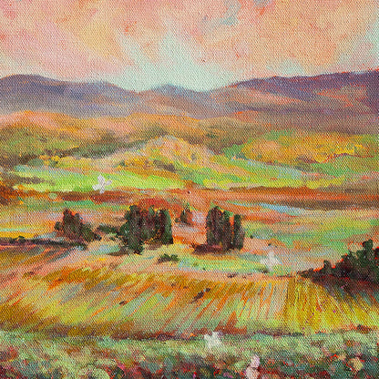 Close-up of rolling fields and distant hills in a luminous landscape oil painting with warm, layered colors.