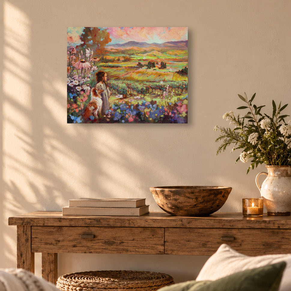 alt text for tjos on eplease
Colorful vineyard landscape fine art print featuring a young girl and her dog surrounded by wildflowers overlooking rolling vineyards and distant hills, displayed in a warm, sunlit living room with rustic wood furniture, natural textures, and cozy farmhouse decor.