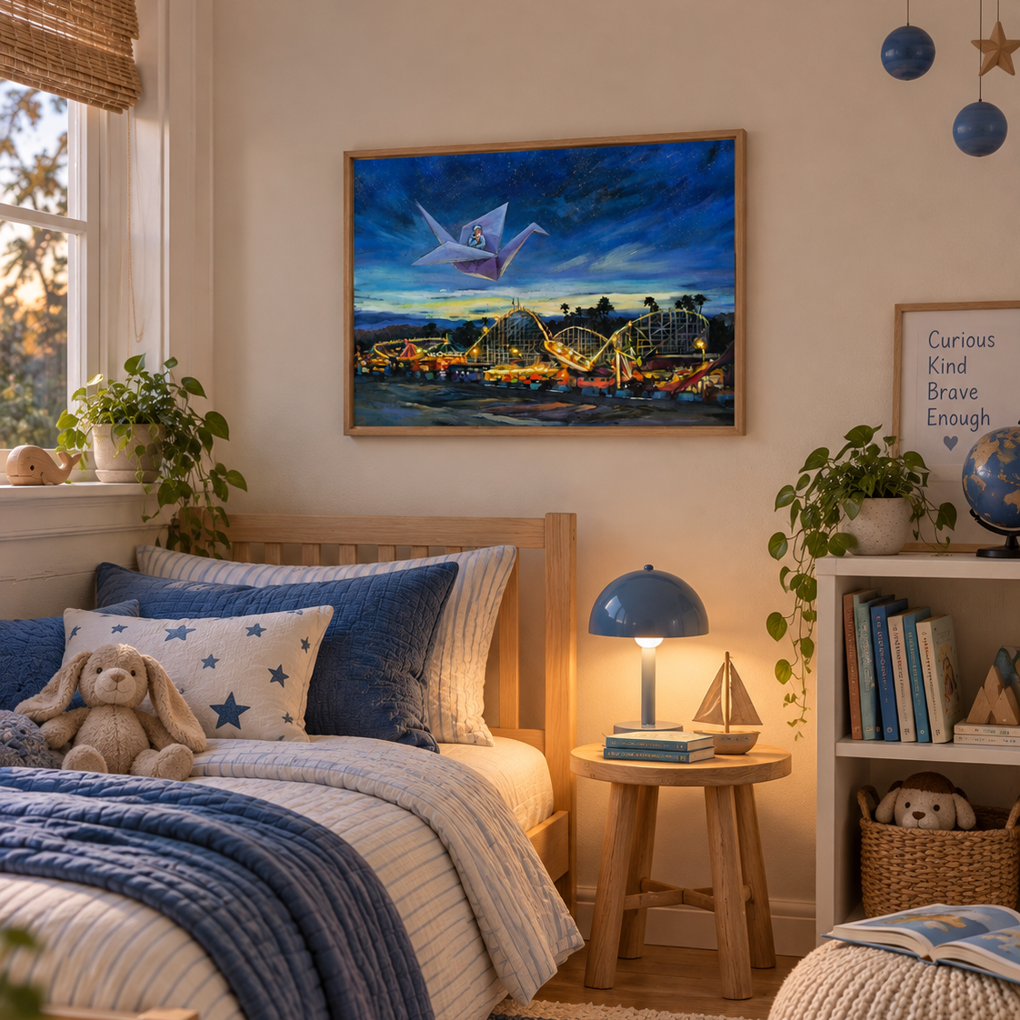 Voyage of the Paper Crane art print displayed in a neutral children’s bedroom with blue accents, featuring an origami crane flying over the Santa Cruz Beach Boardwalk at night.