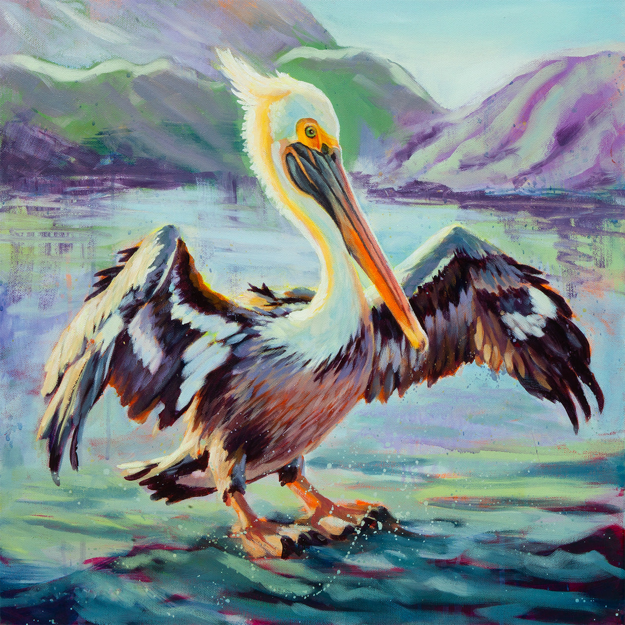 Waiting for the Tide pelican painting by Martina Goulart featuring a pelican standing in coastal water with its wings spread